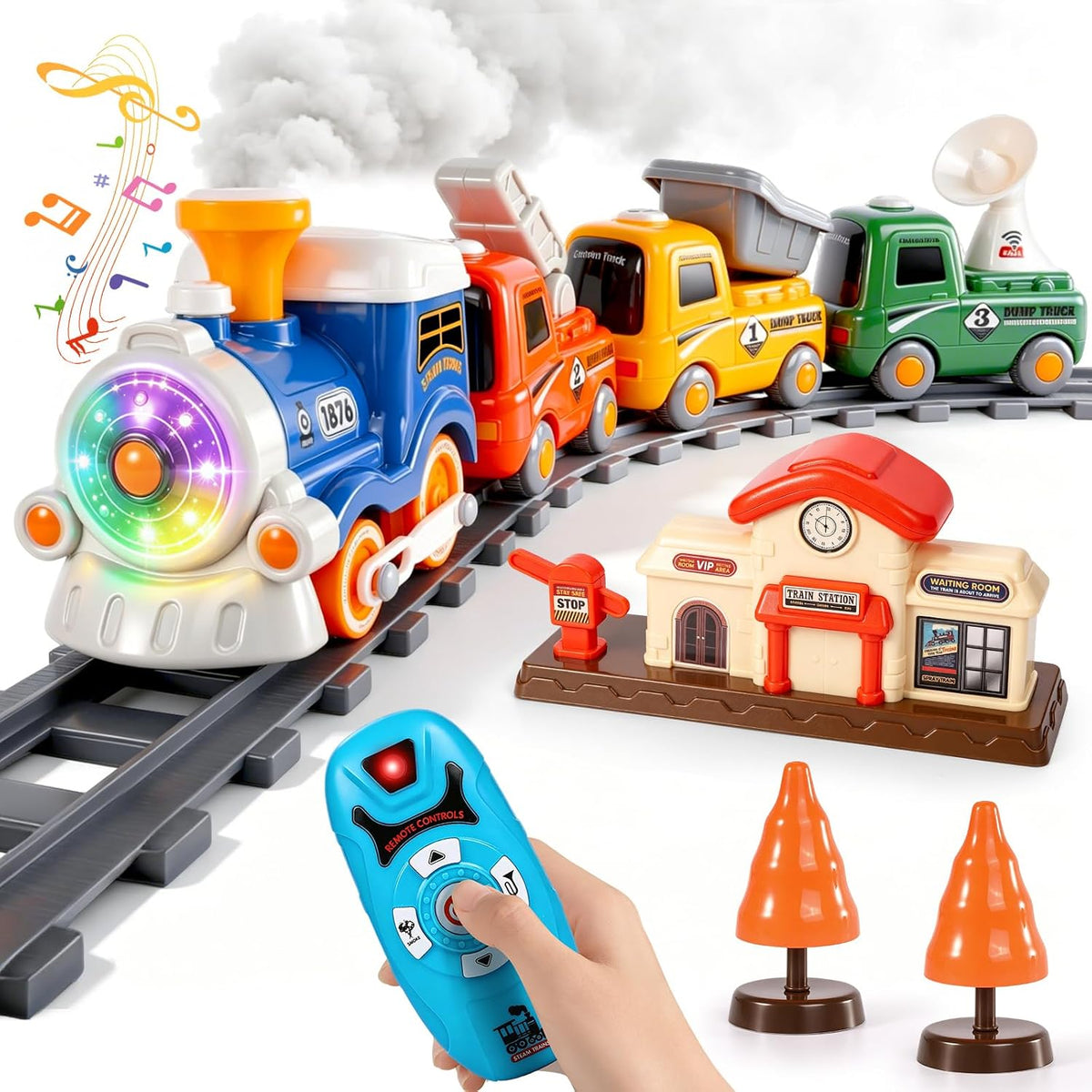 Juego de tren de vapor RC para niños, modelo eléctrico con humo y pistas