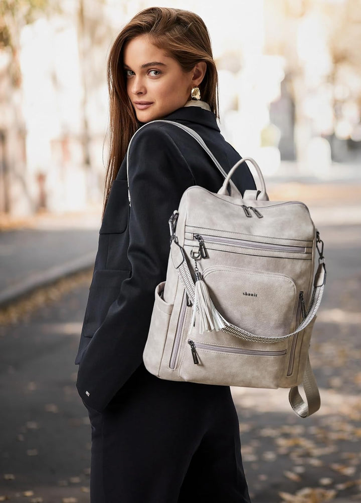 Shrrie Mochila de cuero vegano para computadora portátil para mujer...