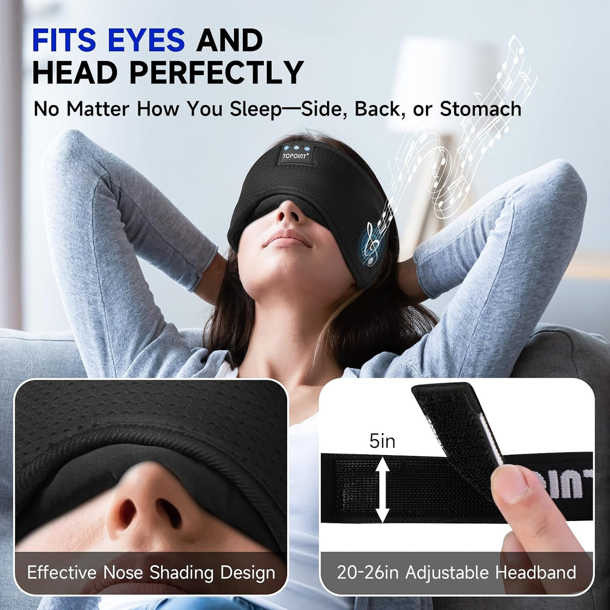 TOPOINT Máscara para dormir con auriculares Bluetooth, máscara de ojos de seda transpirable para dormir para hombres y mujeres, máscara para dormir Bluetooth con bloqueo total con altavoces, micrófono