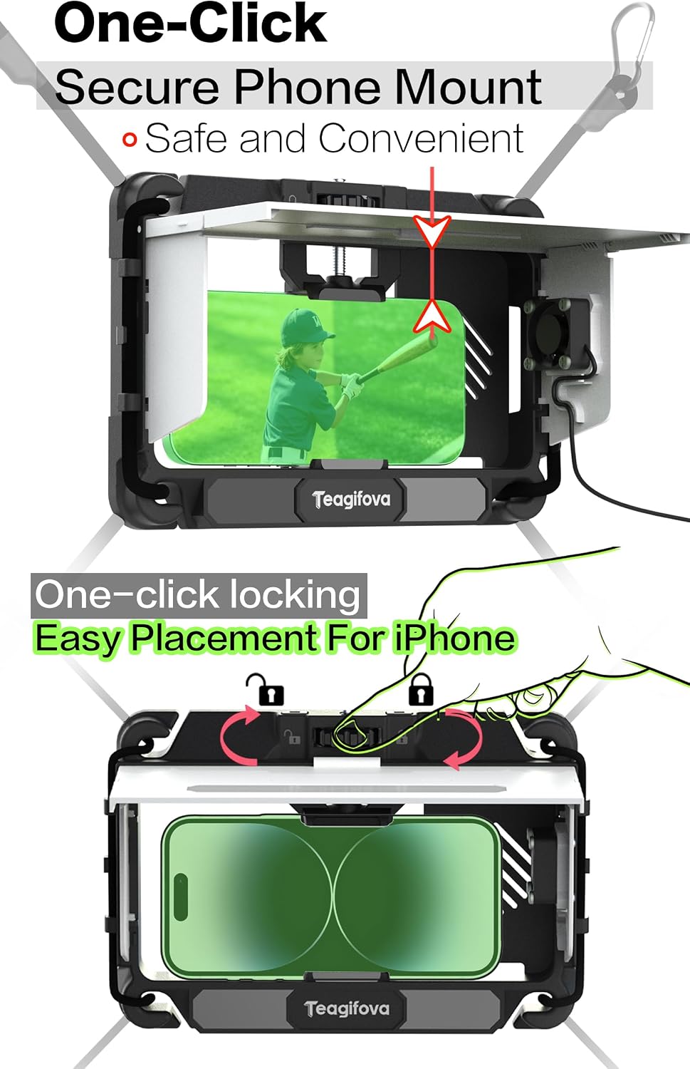 Gamechanger - Soporte para valla de teléfono con parasol y ventilador de enfriamiento, kit de montaje para béisbol, softbol, tenis, kit de transmisión para iPhone, visión clara y sin barras