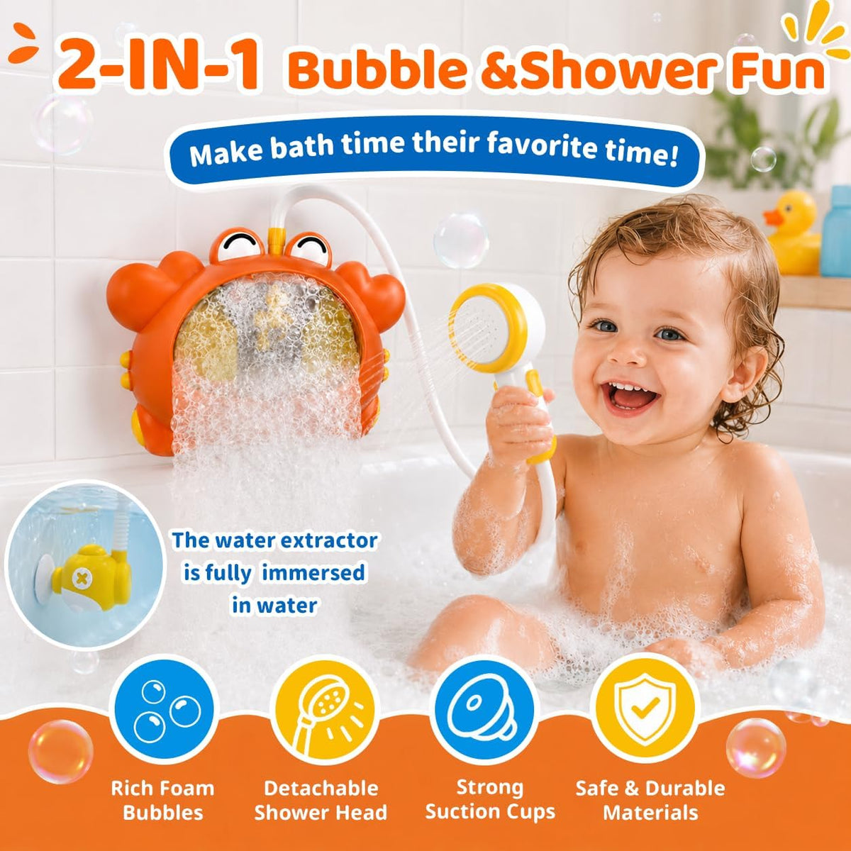 Juguetes de baño de cangrejo, máquina de baño de burbujas 4 en 1 con cabezal de ducha, luz para niños pequeños y máquina de burbujas de baño, juguete de bañera para bebés de 1 a 3, 4 a 8 años