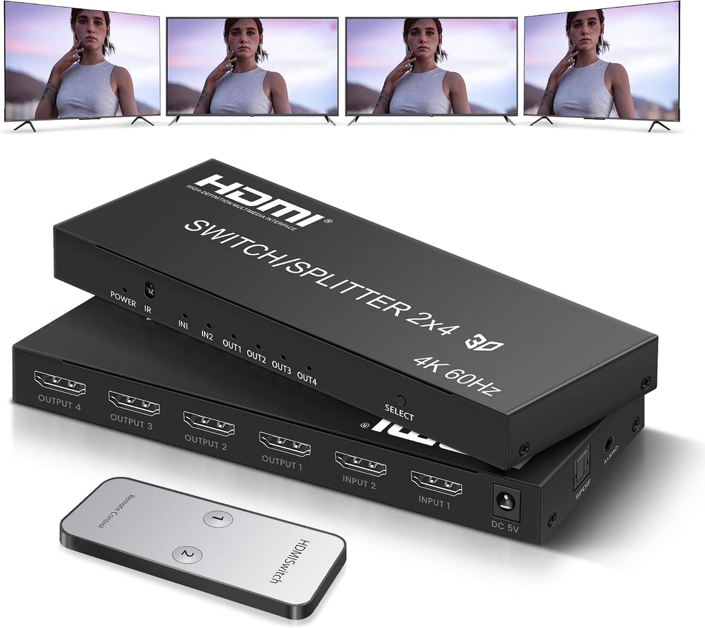 Interruptor de matriz HDMI 4K @60Hz 2 en 4 salidas con control remoto IR