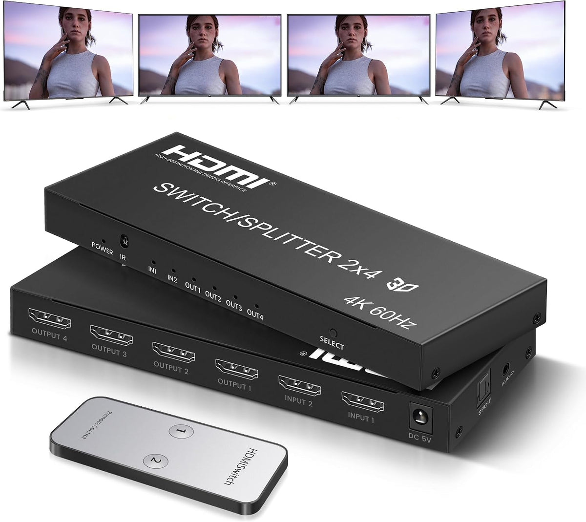 Interruptor de matriz HDMI 4K @60Hz 2 en 4 salidas con control remoto IR