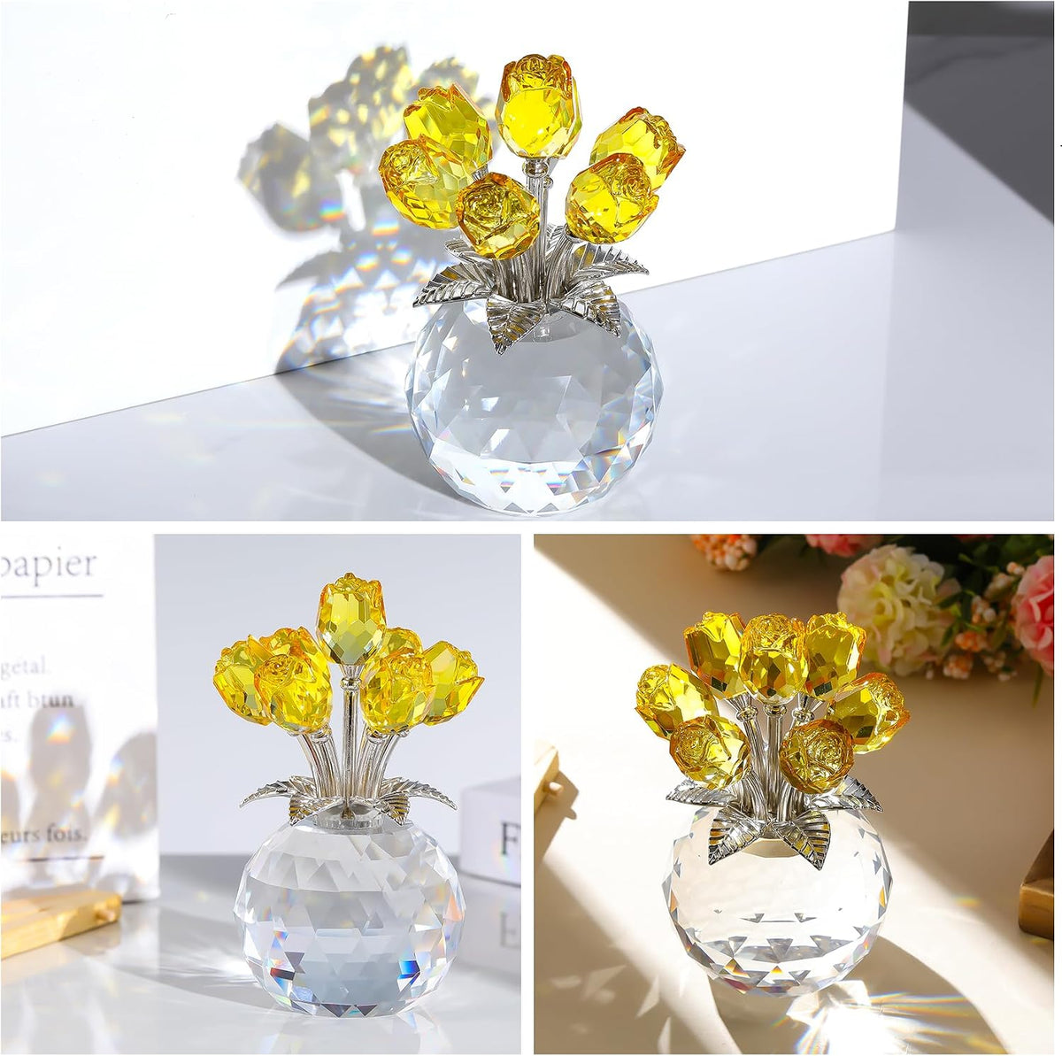 Crystal Yellow Rose Flower Figurine, Figura de flor de cristal