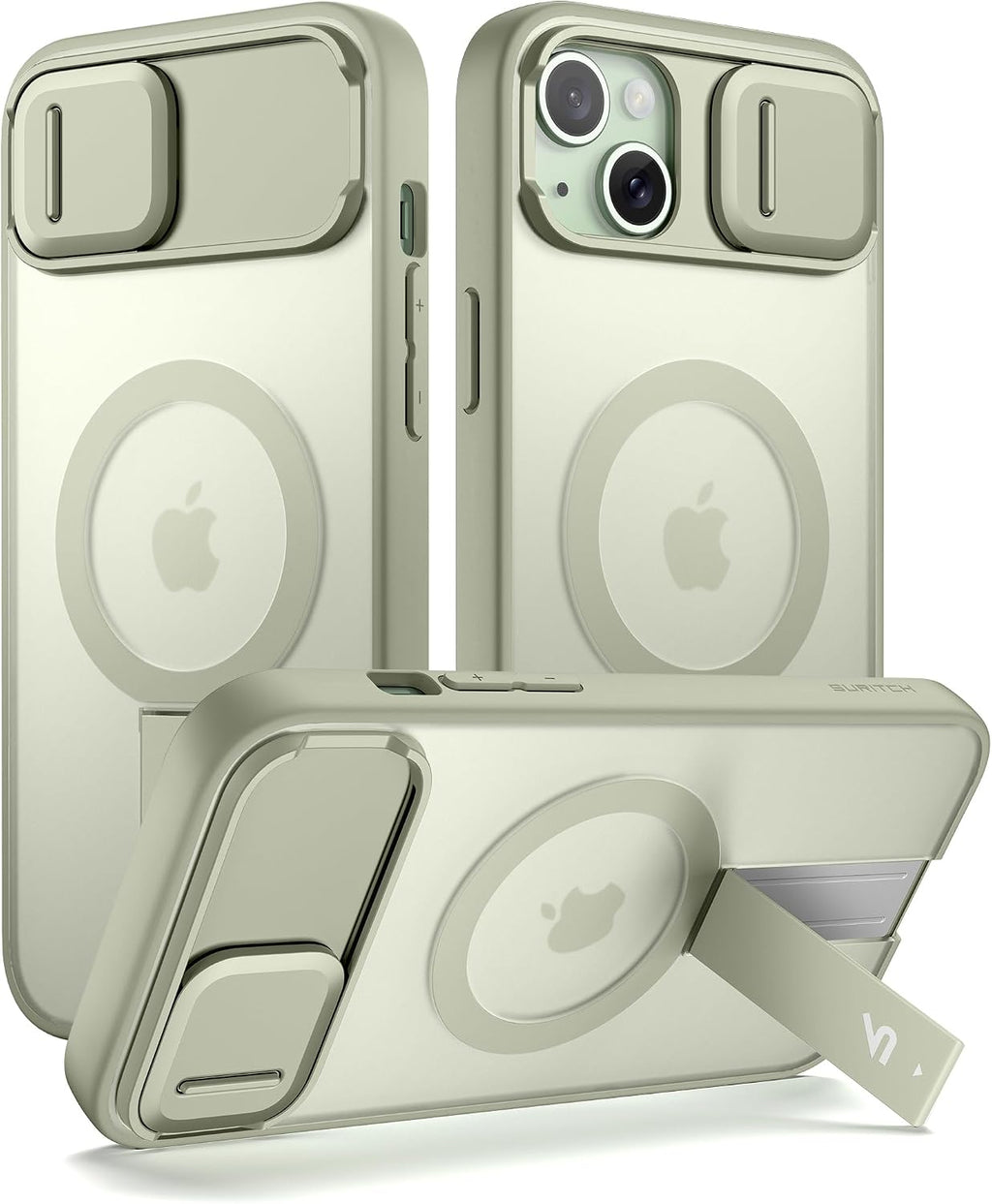 SURITCH Funda para iPhone 15, compatible con MagSafe, soporte integrado y cubierta de cámara y parte trasera translúcida, funda protectora resistente a prueba de golpes de 6.1 pulgadas, verde