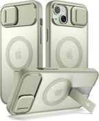 SURITCH Funda para iPhone 15, compatible con MagSafe, soporte integrado y cubierta de cámara y parte trasera translúcida, funda protectora resistente a prueba de golpes de 6.1 pulgadas, verde