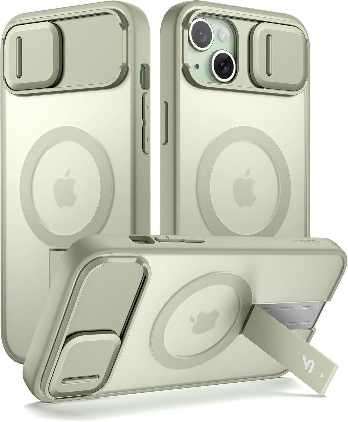 SURITCH Funda para iPhone 15, compatible con MagSafe, soporte integrado y cubierta de cámara y parte trasera translúcida, funda protectora resistente a prueba de golpes de 6.1 pulgadas, verde