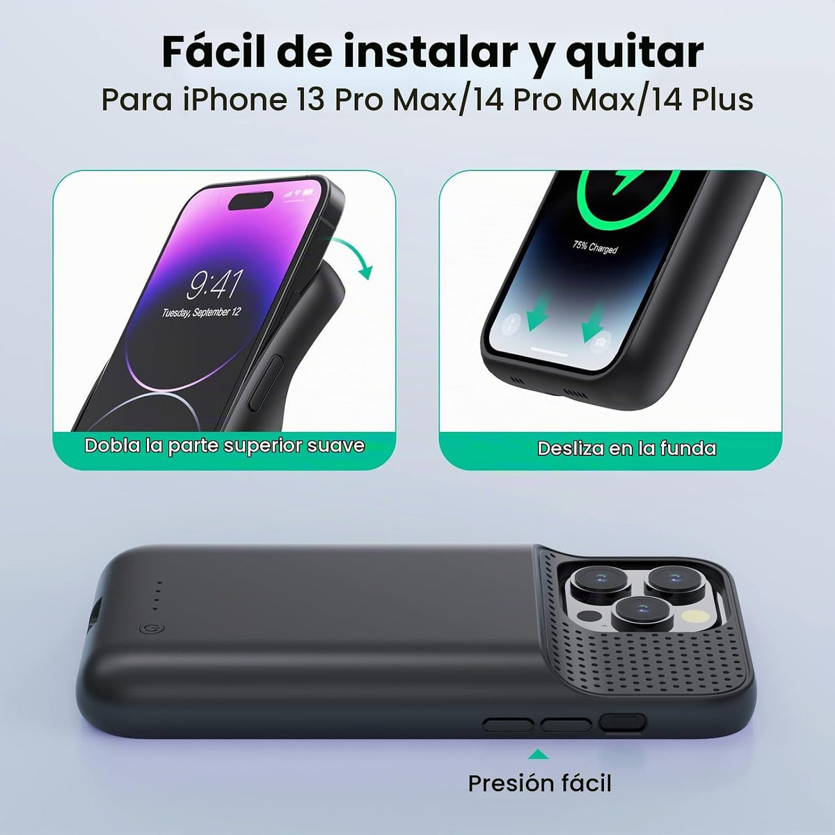 Pxwaxpy Funda de batería para iPhone 13 Pro Max/14 Pro Max/14 Plus, funda delgada de cargador de 8600 mAh mejorada con protección anticaídas de 360°, funda de carga recargable para iPhone 13 Pro Max
