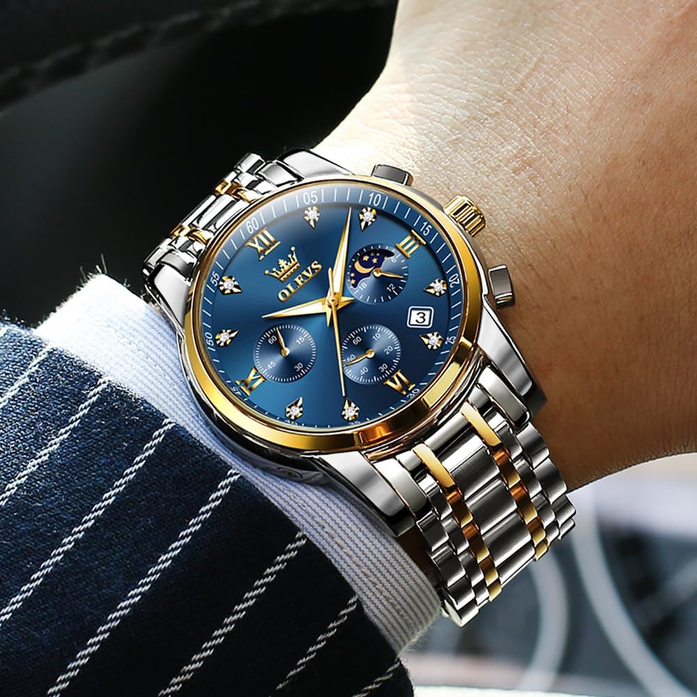 OLEVS Reloj para Hombre Diamante Negocios Vestimenta Analógico Acero Inoxidable a Prueba de Agua Lúmina Fecha Dos Tonos Lujo Casual de Muñeca