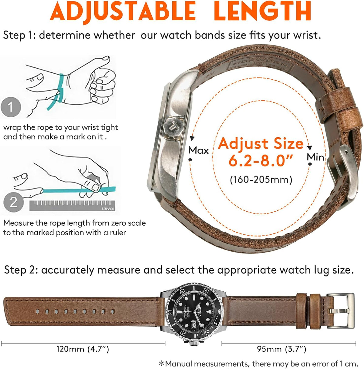 hemsut h Horween - Correas de reloj de cuero para hombre, correa de cuero de liberación rápida para reloj, envoltura de repuesto de 0.71 pulgadas, 0.78 pulgadas, 0.86 pulgadas