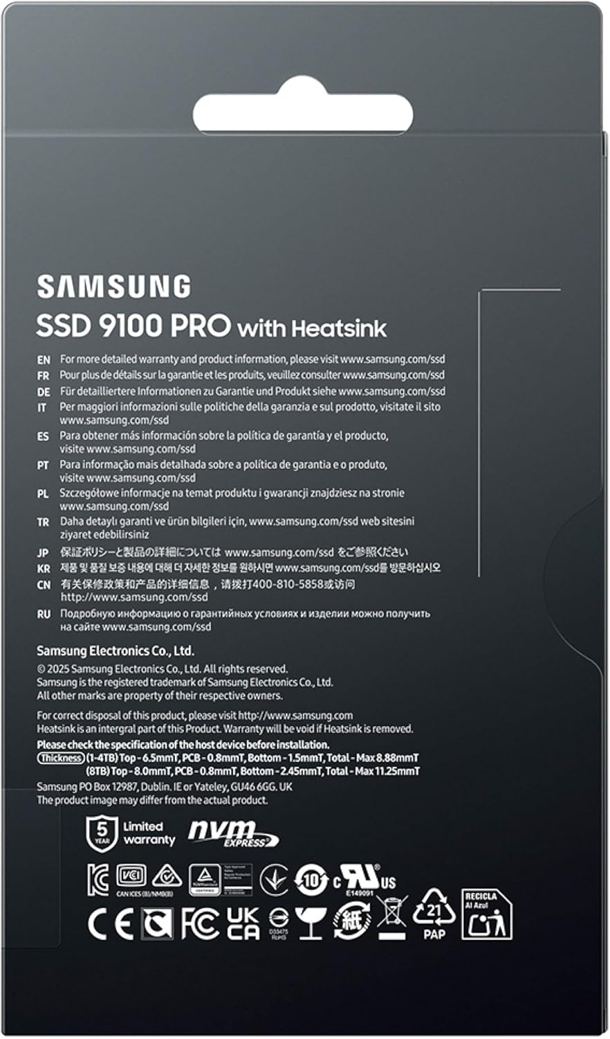 Samsung SSD 9100 PRO con disipador de calor de 8 TB, PCIe 5.0x4 M.2...