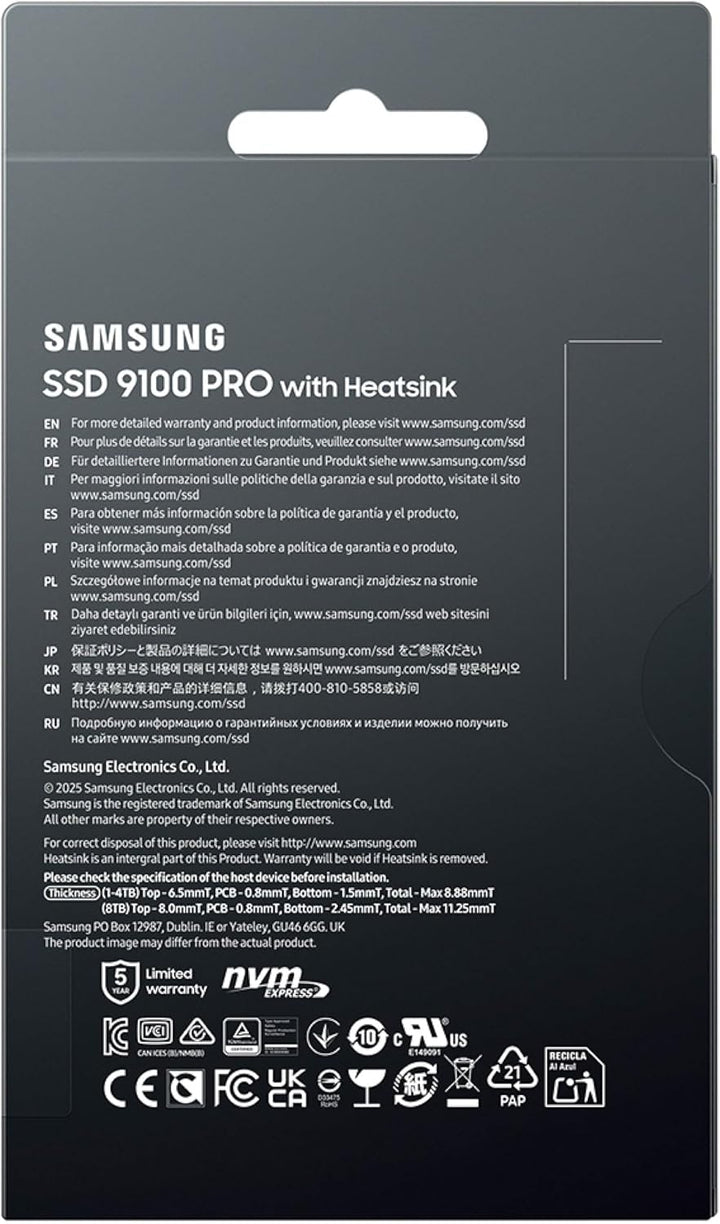 Samsung SSD 9100 PRO con disipador de calor de 8 TB, PCIe 5.0x4 M.2...