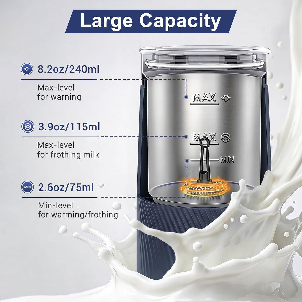 Wowteam Espumador de leche, vaporizador de leche eléctrico 4 en 1, calentador de leche caliente y fría y máquina de espuma para café, café con leche, capuchinos, macchiato, 8.2 oz/8.1 fl oz, acero
