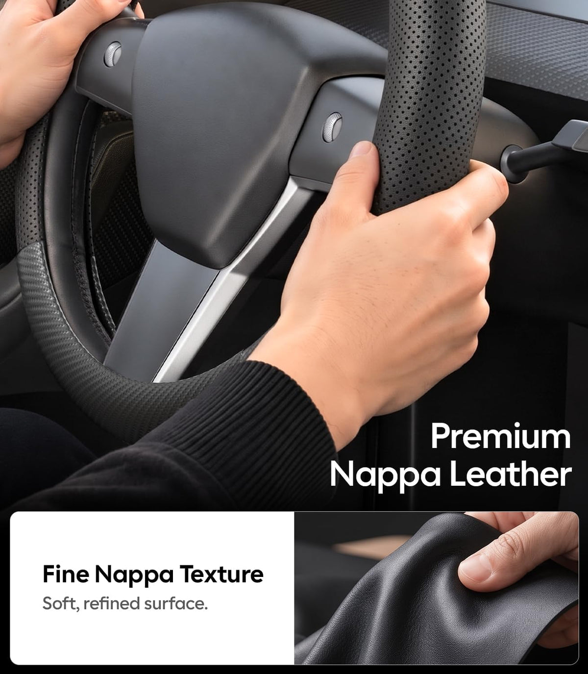 Wigoo Funda de volante para accesorios de modelos 20-24 Y/ 17-23 Model 3, redonda para Tesla Model Y 20-24 y Model 3 17-23 de piel de napa premium con piel de fibra de carbono para agarre