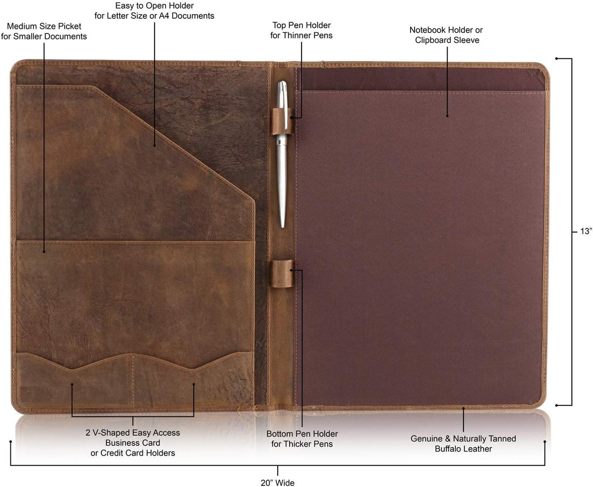 Portafolio de cuero organizador profesional Padfolio - Carpeta de currículum con bolígrafo de lujo, elegante folio de documentos para bloc de escritura tamaño carta con soporte para tarjetas de visita, carteras para hombres y mujeres MOONSTER®