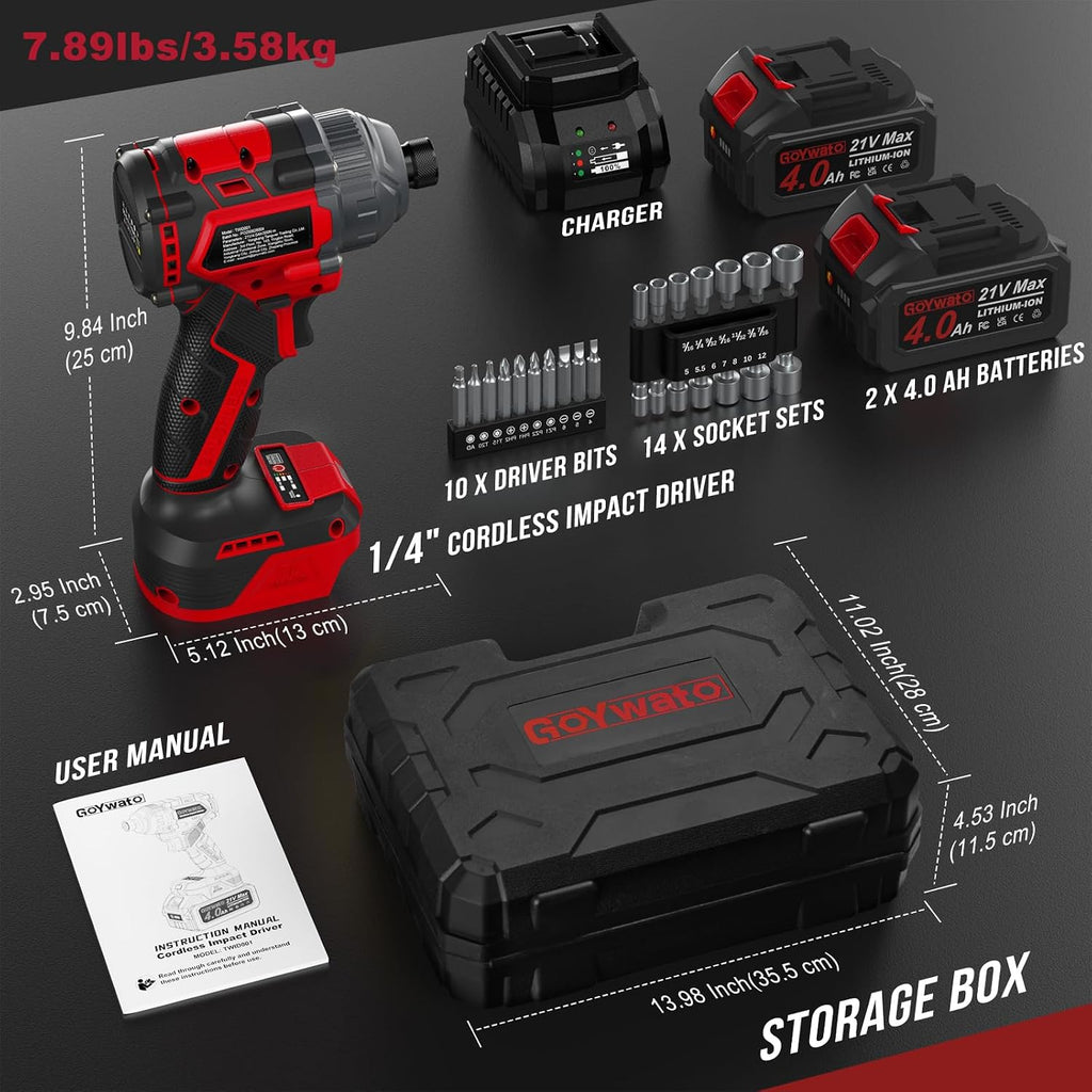 2655 in-lbs 21V Brushless 1/4" Taladro Atornillador de Impacto Inalámbrico con Cable Rojo