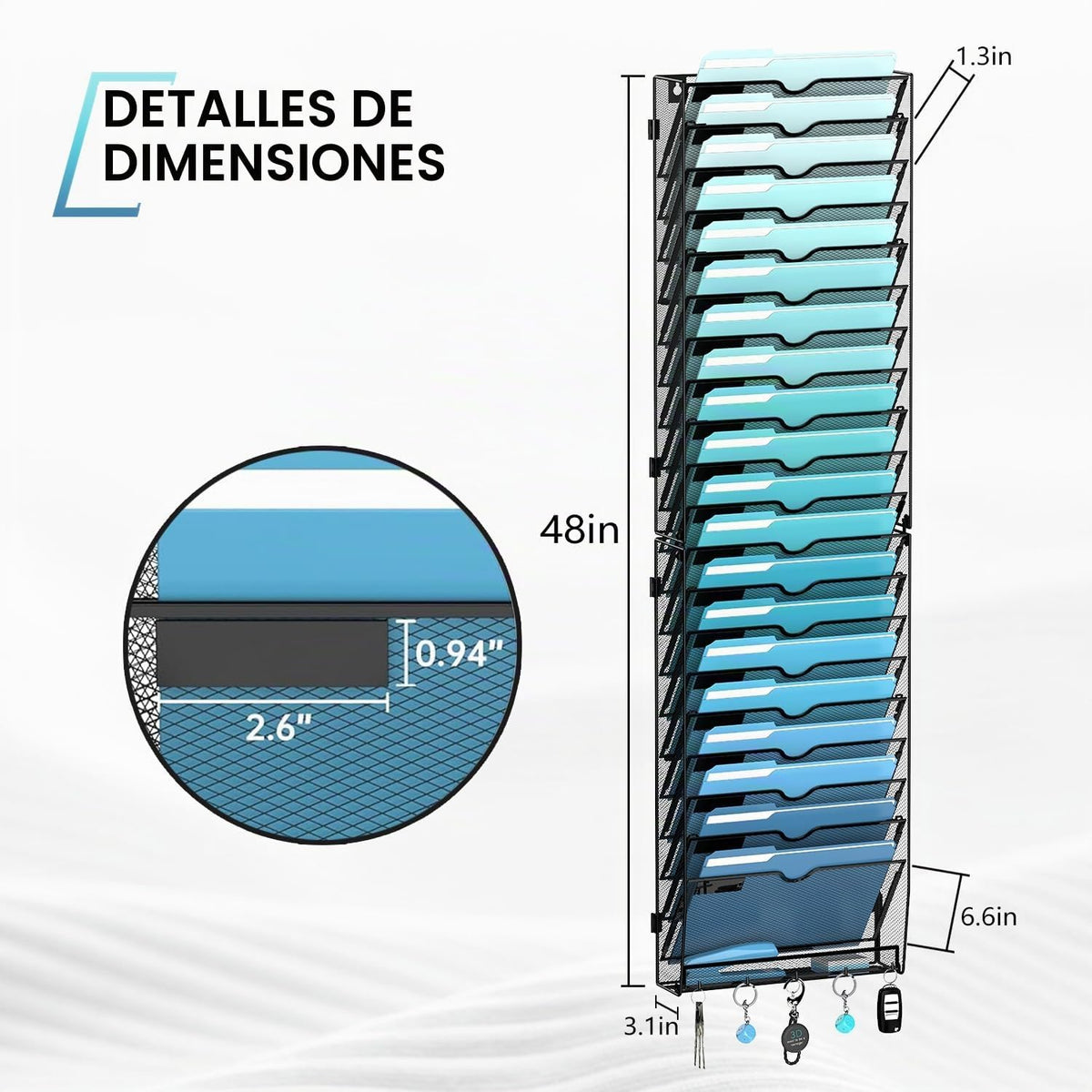 Organizador de archivos de pared colgante de 21 niveles con 5 ganchos, soporte de archivos de pared con etiquetas, organizador de correo de montaje vertical en pared para papeles, carpetas