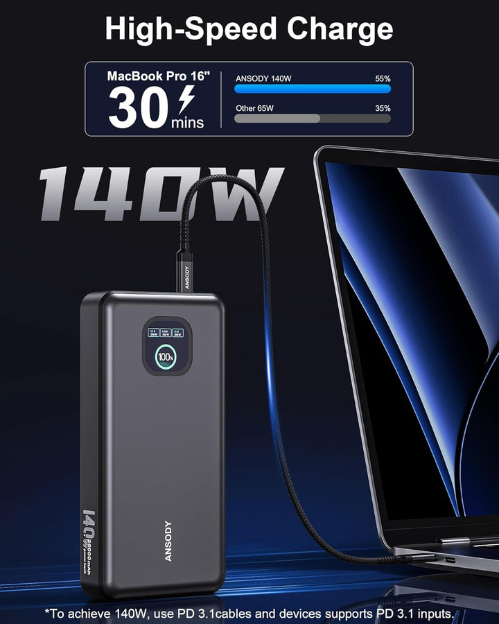 140W Power Bank, Cargador Portátil para Laptop de 25000mAh con Pant...