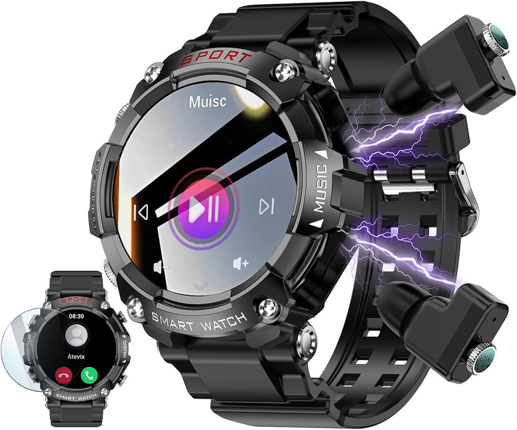 Reloj inteligente con auriculares para hombres, relojes inteligentes para teléfonos Android, llamadas Bluetooth puede responder y hacer llamadas, fitness resistente a los militares, rastreador de fitness deportivo con paso, frecuencia cardíaca