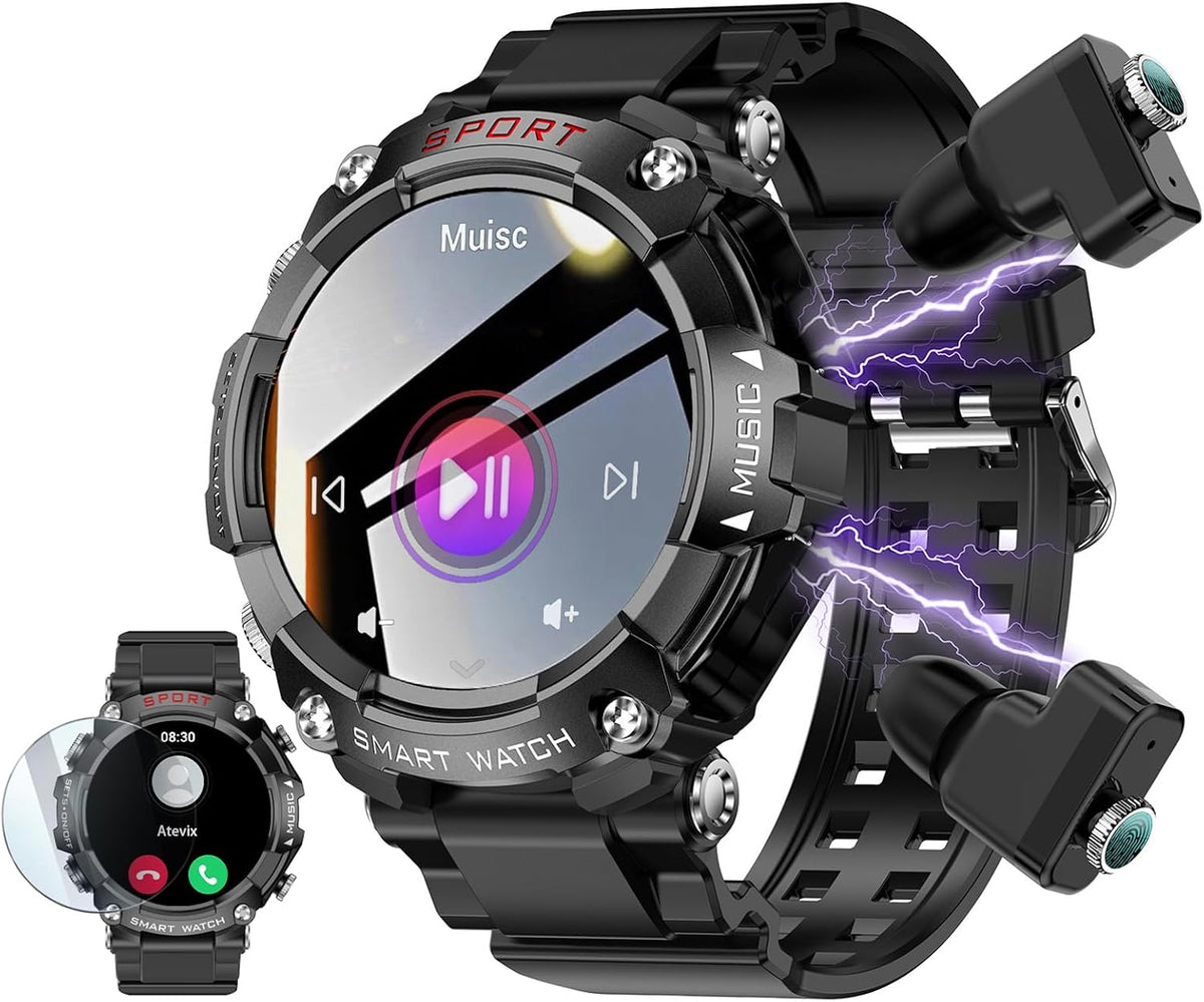 Reloj inteligente con auriculares para hombres, relojes inteligentes para teléfonos Android, llamadas Bluetooth puede responder y hacer llamadas, fitness resistente a los militares, rastreador de fitness deportivo con paso, frecuencia cardíaca