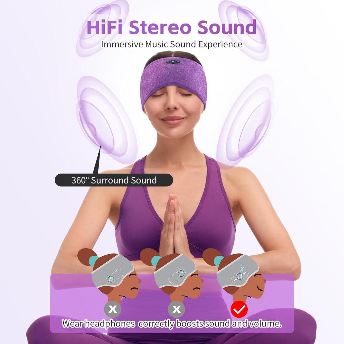 Diadema Bluetooth 6.0 para dormir de lado (gris y morado)