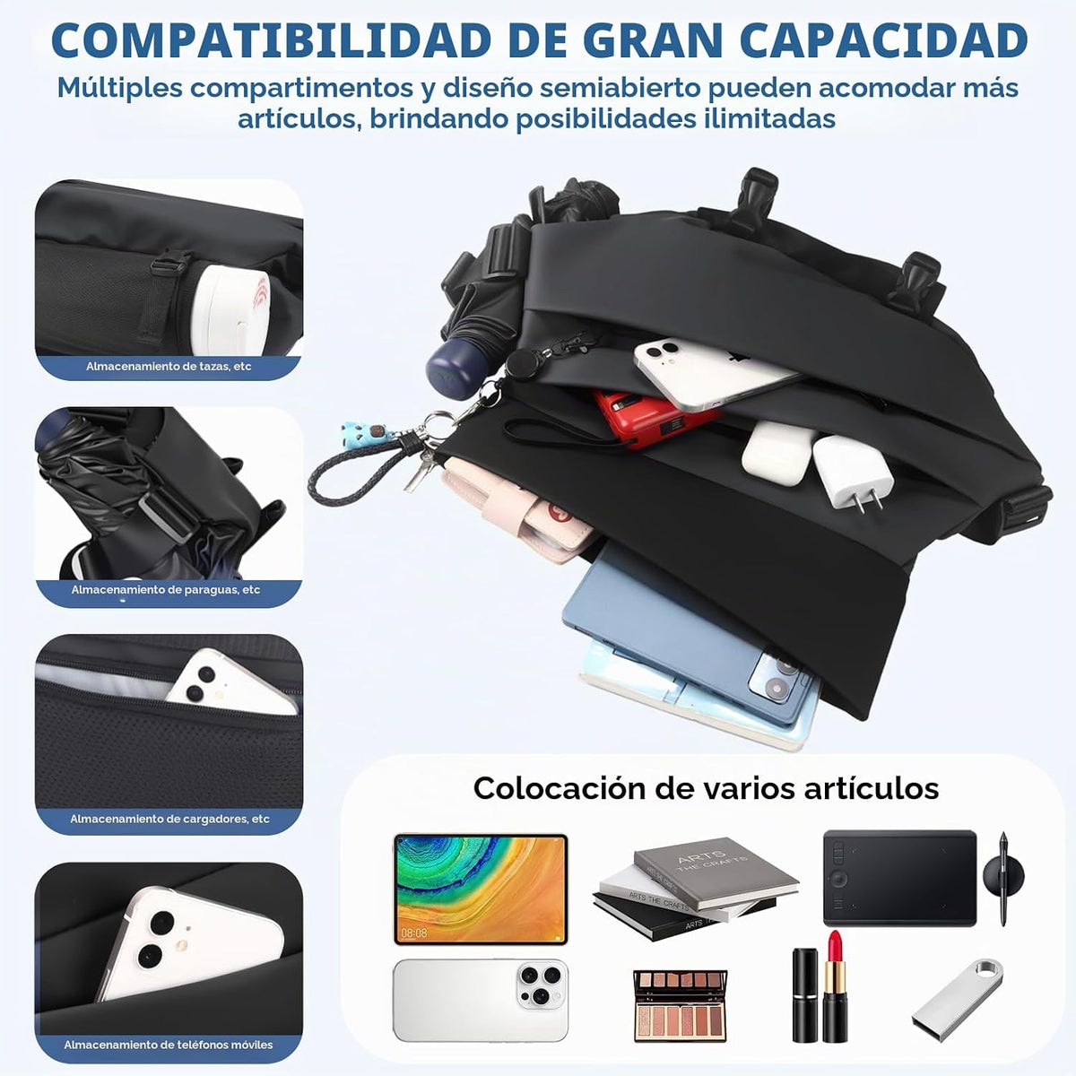 Bolso cruzado tipo bandolera para hombres y mujeres, mochila impermeable expandible con hebilla magnética para ciclismo, viajes, EDC (negro, mediano)