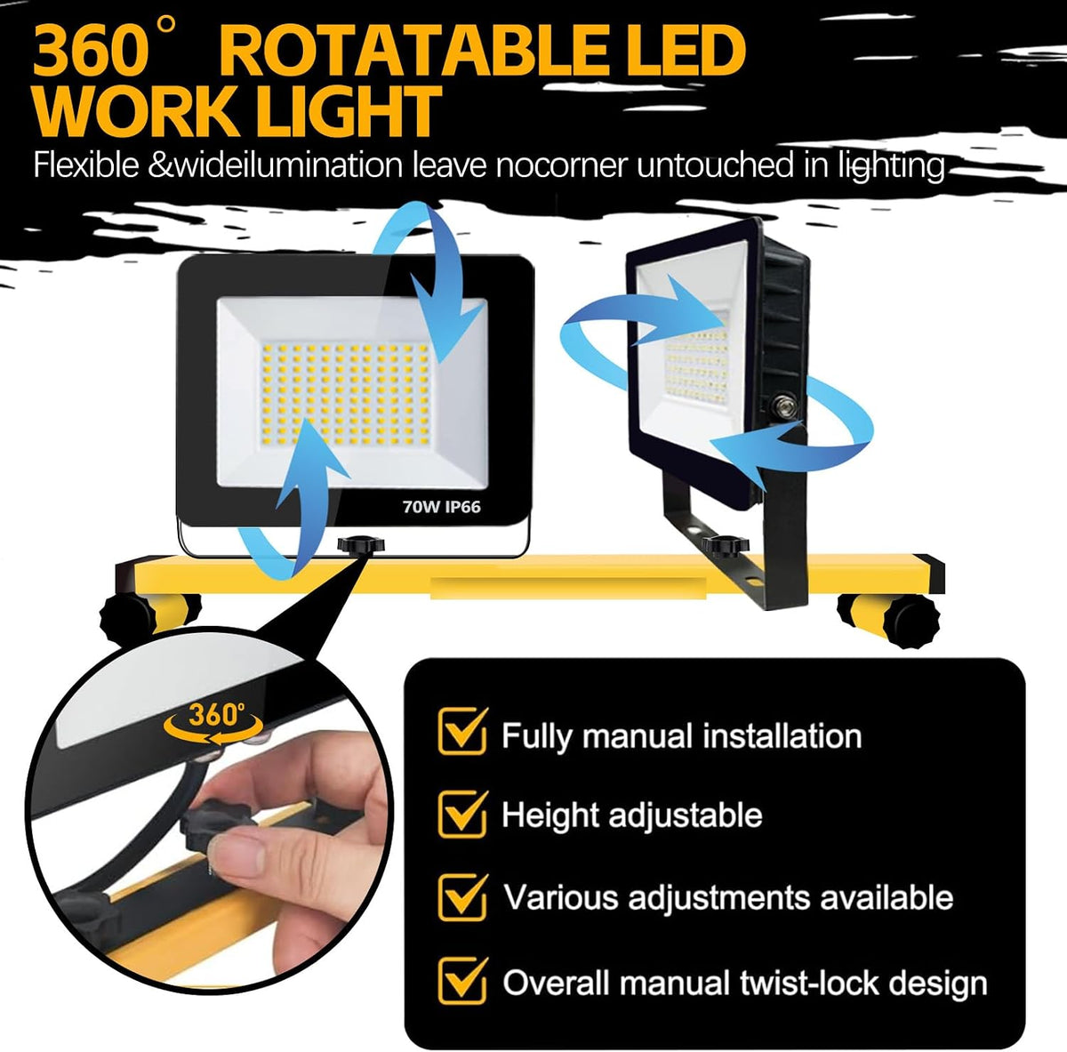 Luces de trabajo con soporte, 14000 lúmenes, 2 cabezales ajustables
