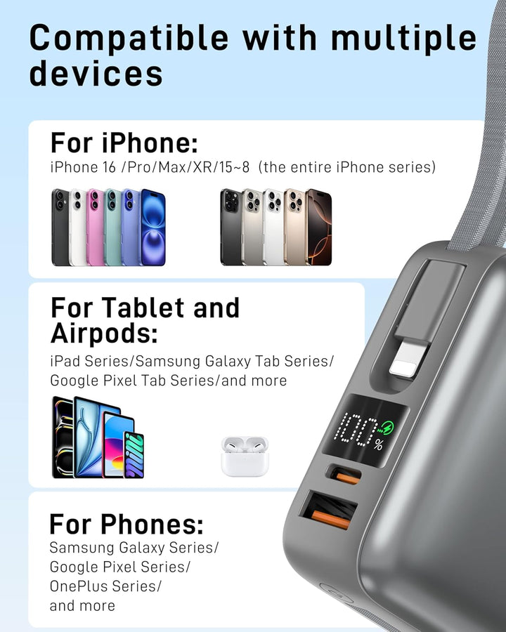 VINKO Cargador portátil con cable integrado de 22.5 W, 20000 mAh, c...