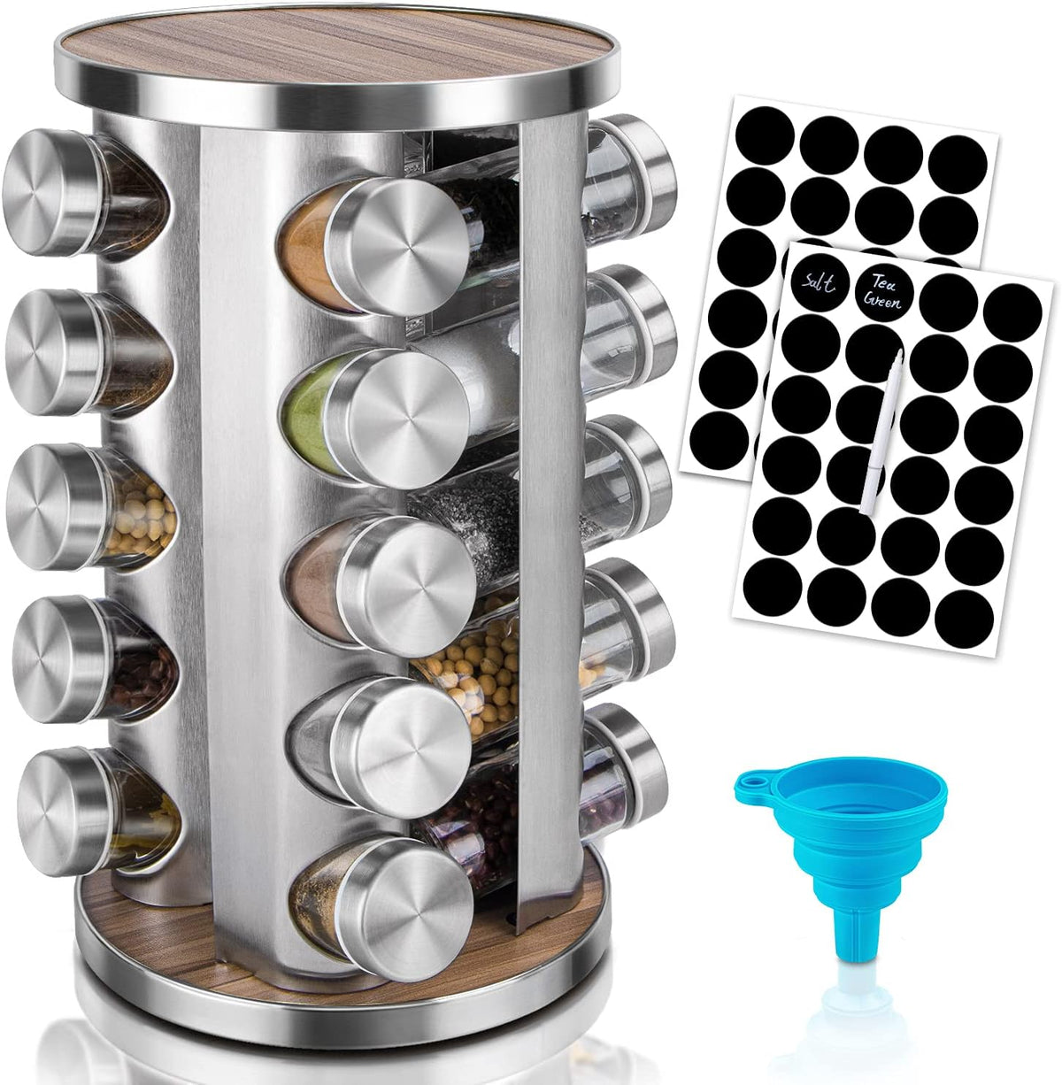 Organizador giratorio de especias con tarros (20 unidades), organizador de condimentos para gabinete, estantes de especias de cocina para encimera, organizador giratorio de especias de acero
