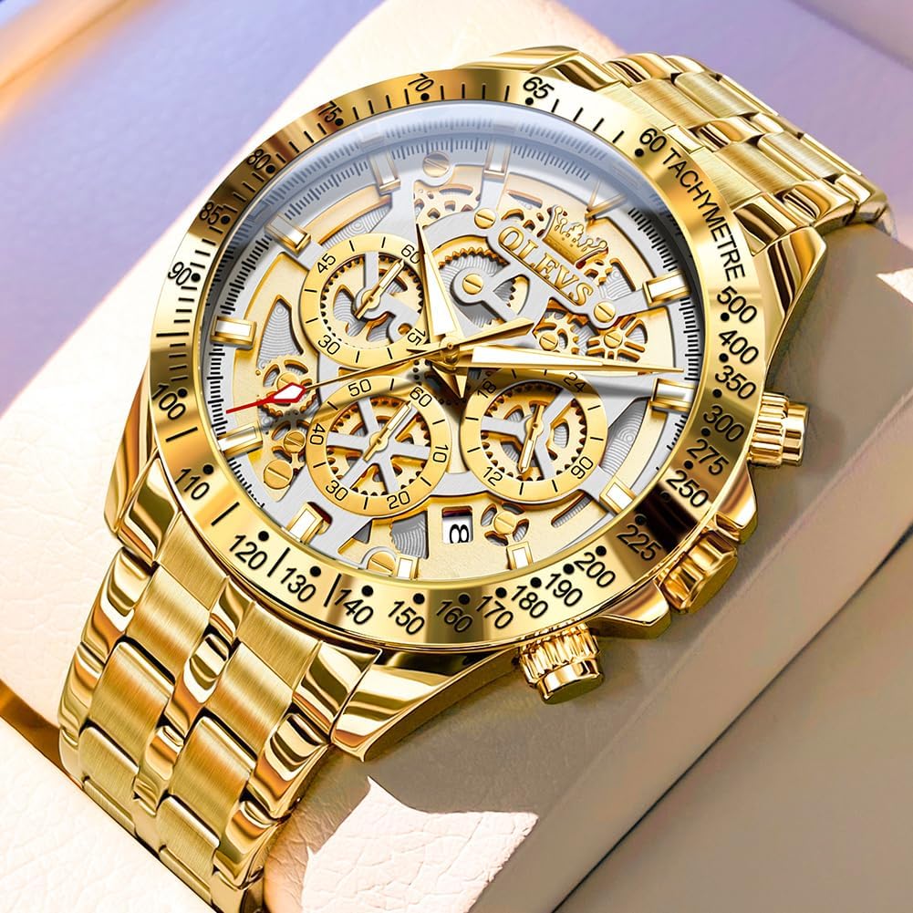 OLEVS Reloj para Hombres Esqueleto Negocio Vestir Acero Inoxidable Impermeable Luminoso Reloj de Pulsera para Hombres