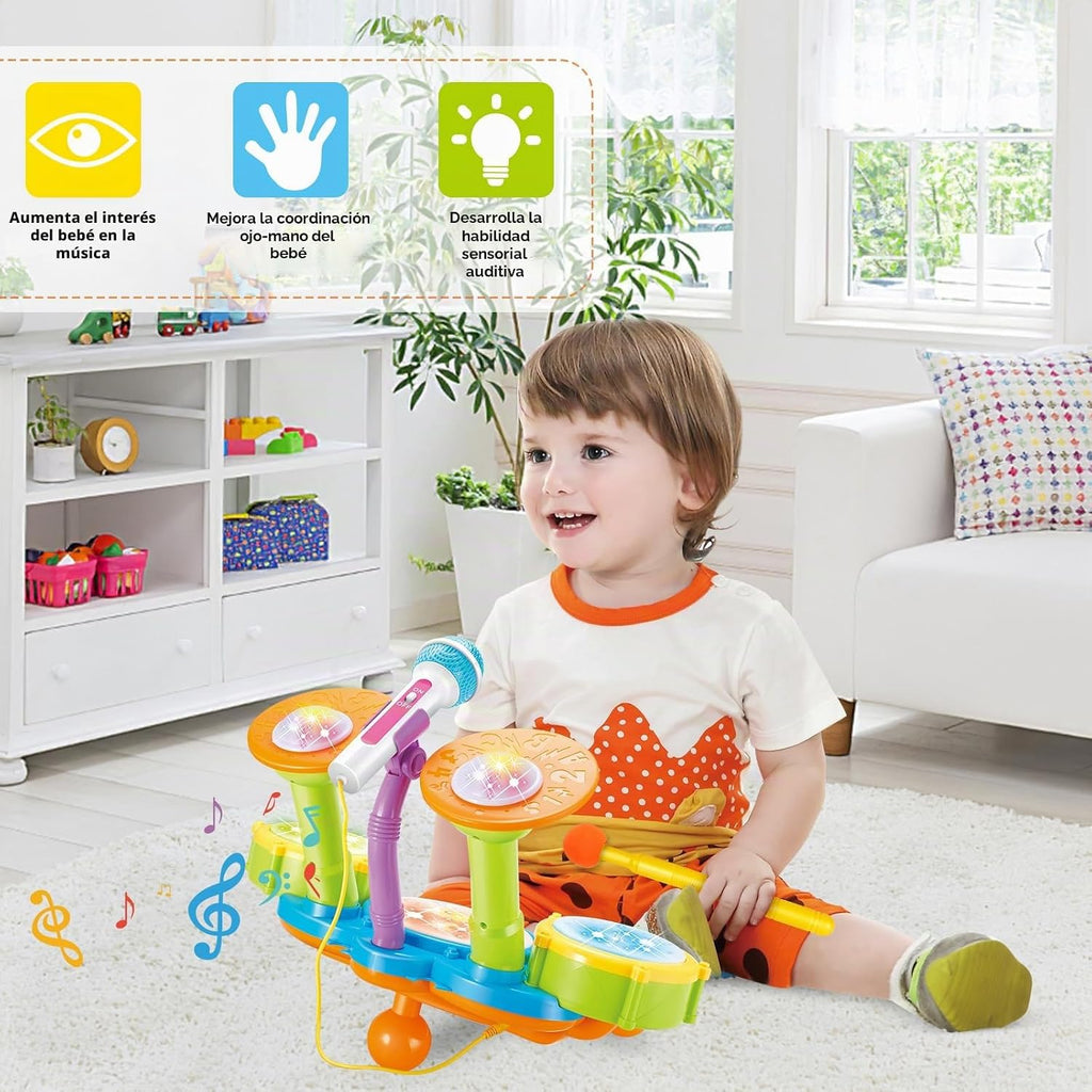deAO Juego de batería para niños con 2 baquetas y micrófono,