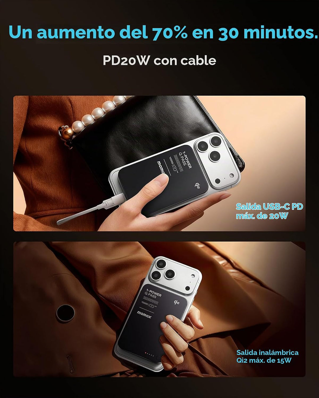 MOMAX Cargador portátil Q.Pass, 10000 mAh Slim Power Bank Qi2 certi...