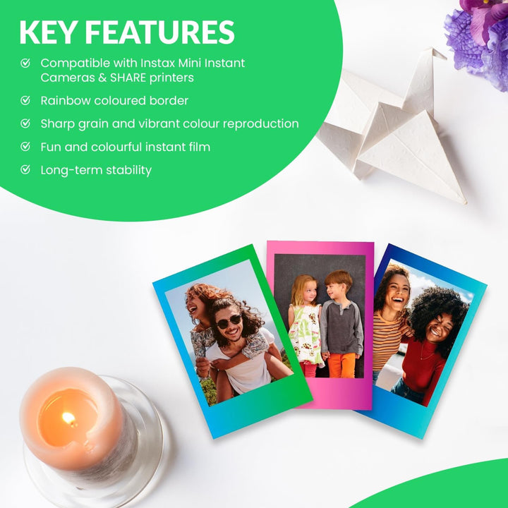 Película Fujifilm Instax Mini Instant Rainbow, 20 hojas + Paño de l...