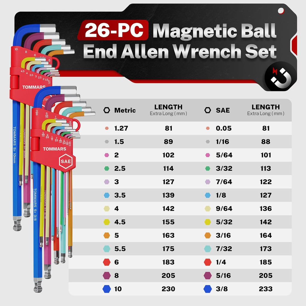 Juego de llaves Allen de 26 piezas, extremo de bola magnética