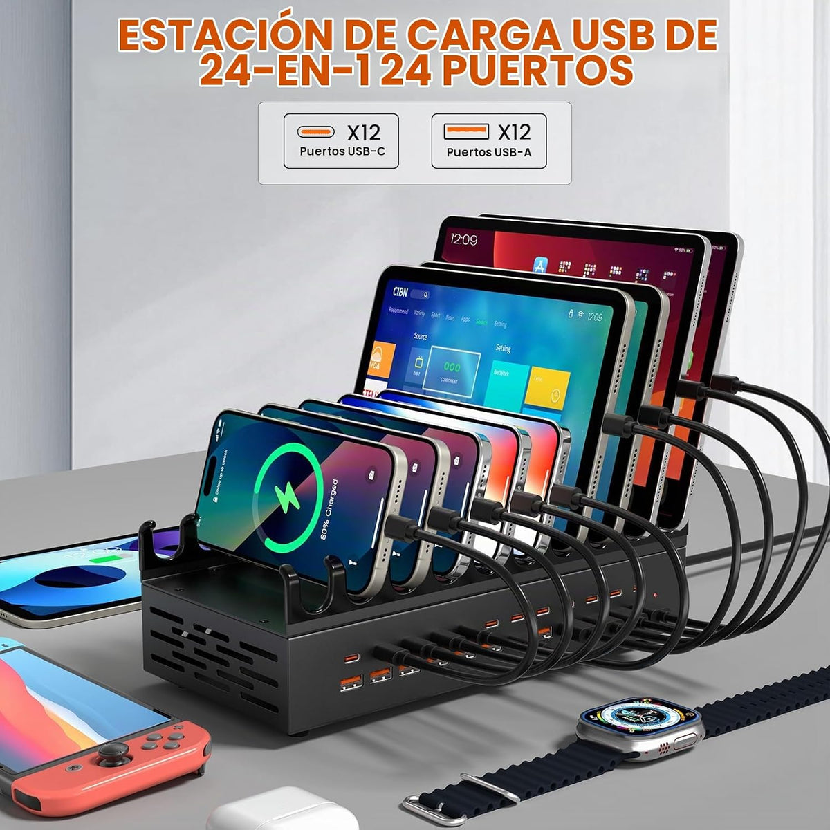 Estación de carga USB de 300 W para múltiples dispositivos, estación de carga rápida múltiple de escritorio de 24 puertos con soporte organizador de dispositivos y protección múltiple, regleta de