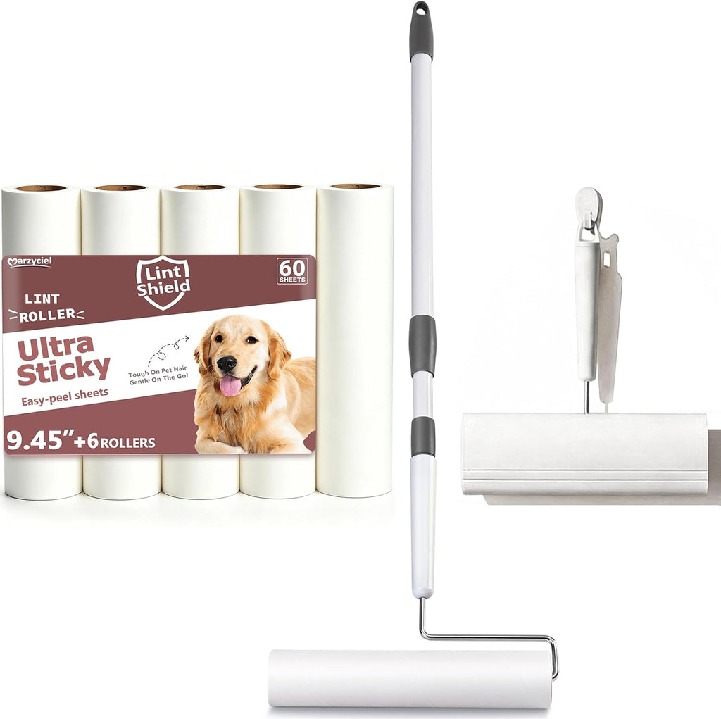 Rodillos Grandes de Pelusa para Pelo de Mascotas Extra Pegajosos, Rodillo Gigante de Pelusa con Mango Largo de 9.45 Pulgadas, 6 Rollos Reemplazables para Limpiar Alfombras, Ropa, Sofá, Limpiador de
