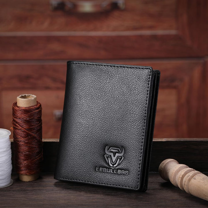 LEBULLBRO Billetera de cuero para hombre, billetera plegable con bl...