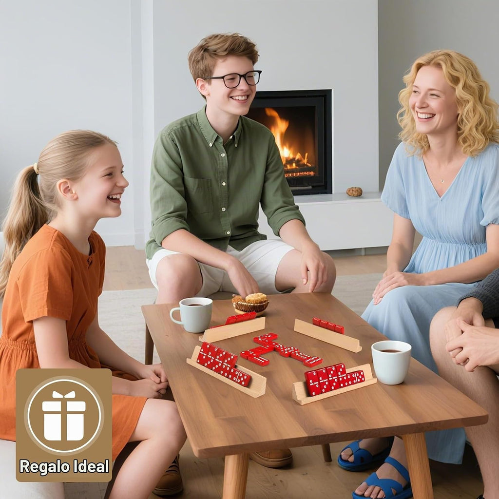 Juego de dominó jumbo para adultos con 4 bastidores de madera/bandejas, juego de viaje de 6 dominó dobles con funda portátil, juego de dominó doble de seis con 4 soportes para azulejos, juego de dominó de 28 azulejos para juegos de mesa familiares