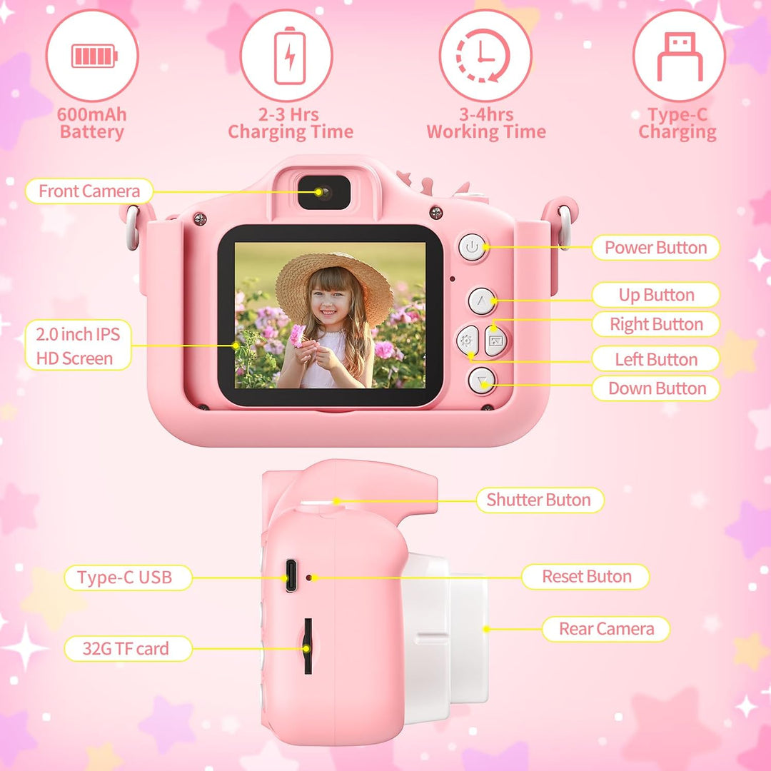Cámara de unicornio rosa para niños, cámara digital para niños pequ...