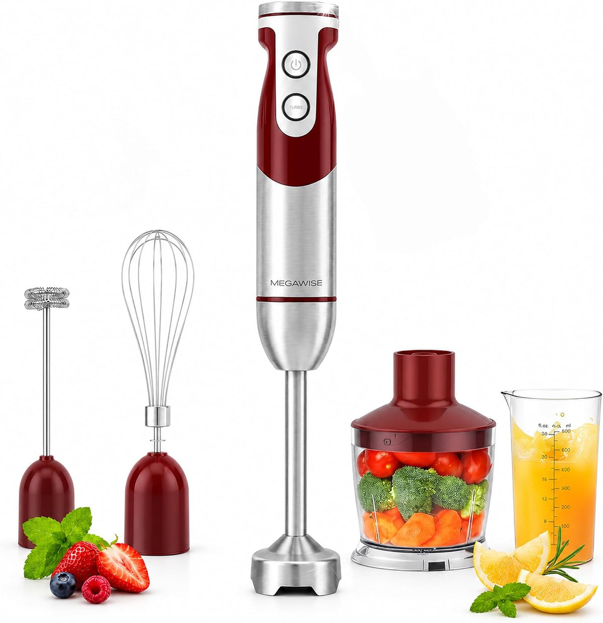 MegaWise - Juego de batidora de mano 5 en 1 con control de velocidad variable, 400W, batidora de inmersión - Incluye batidor, espumador de leche, picadora y vaso para smoothies, sopas y comida para