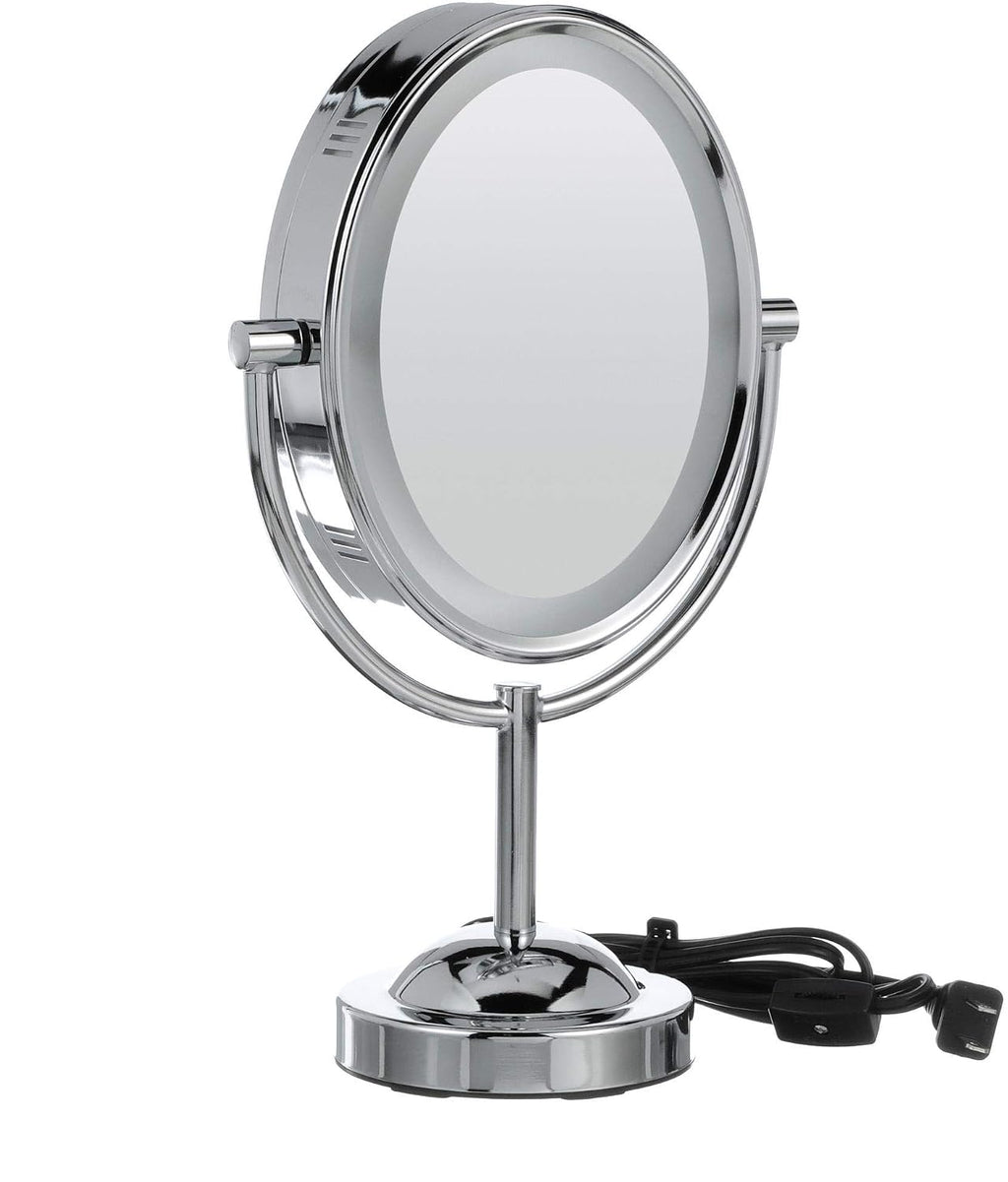 Conair espejo ovalado de dos caras con luz para maquillaje ampliación 1 x 7, Uno, Acabado de cromo pulido