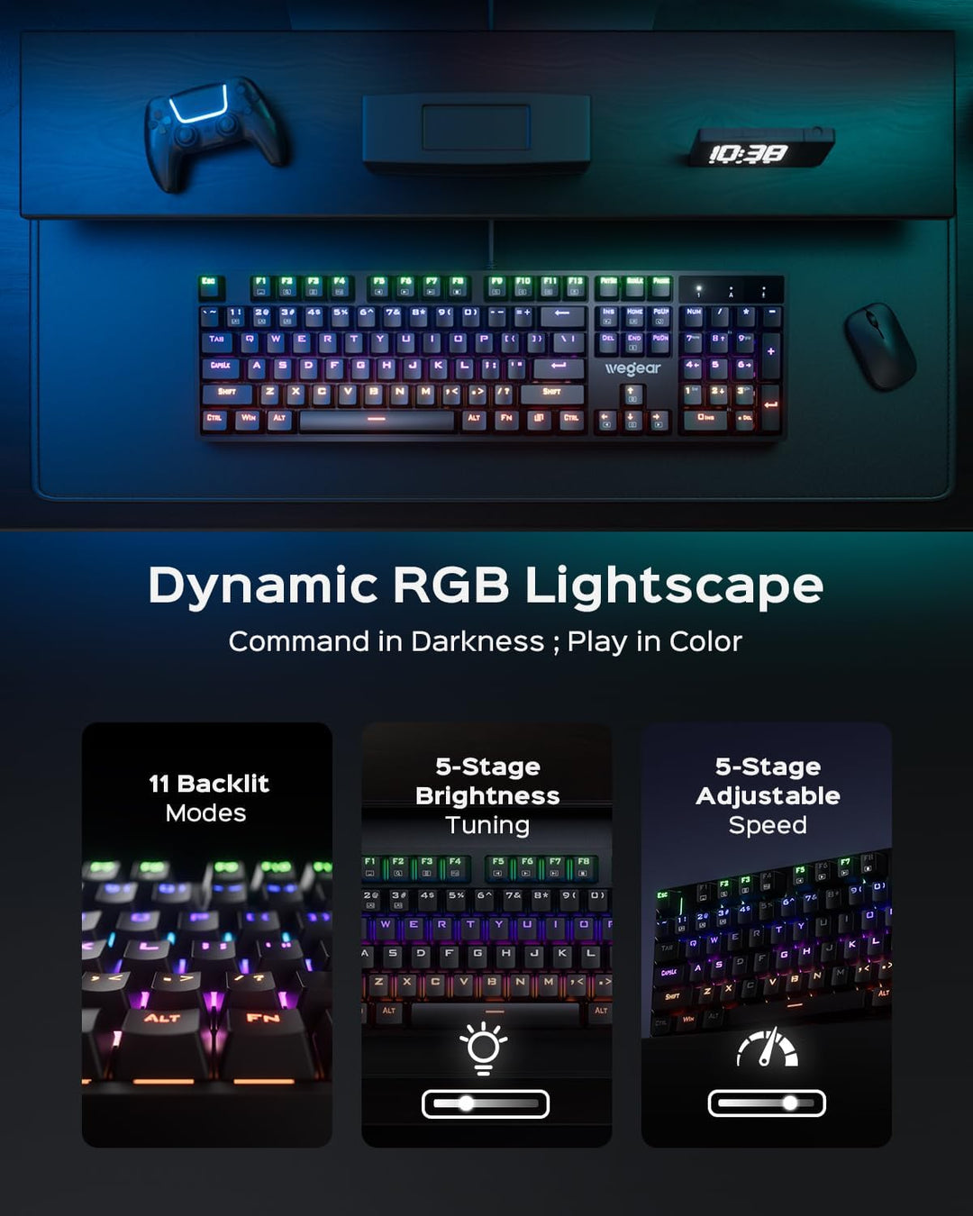 wegear Teclado mecánico para juegos con interruptor azul, teclado r...