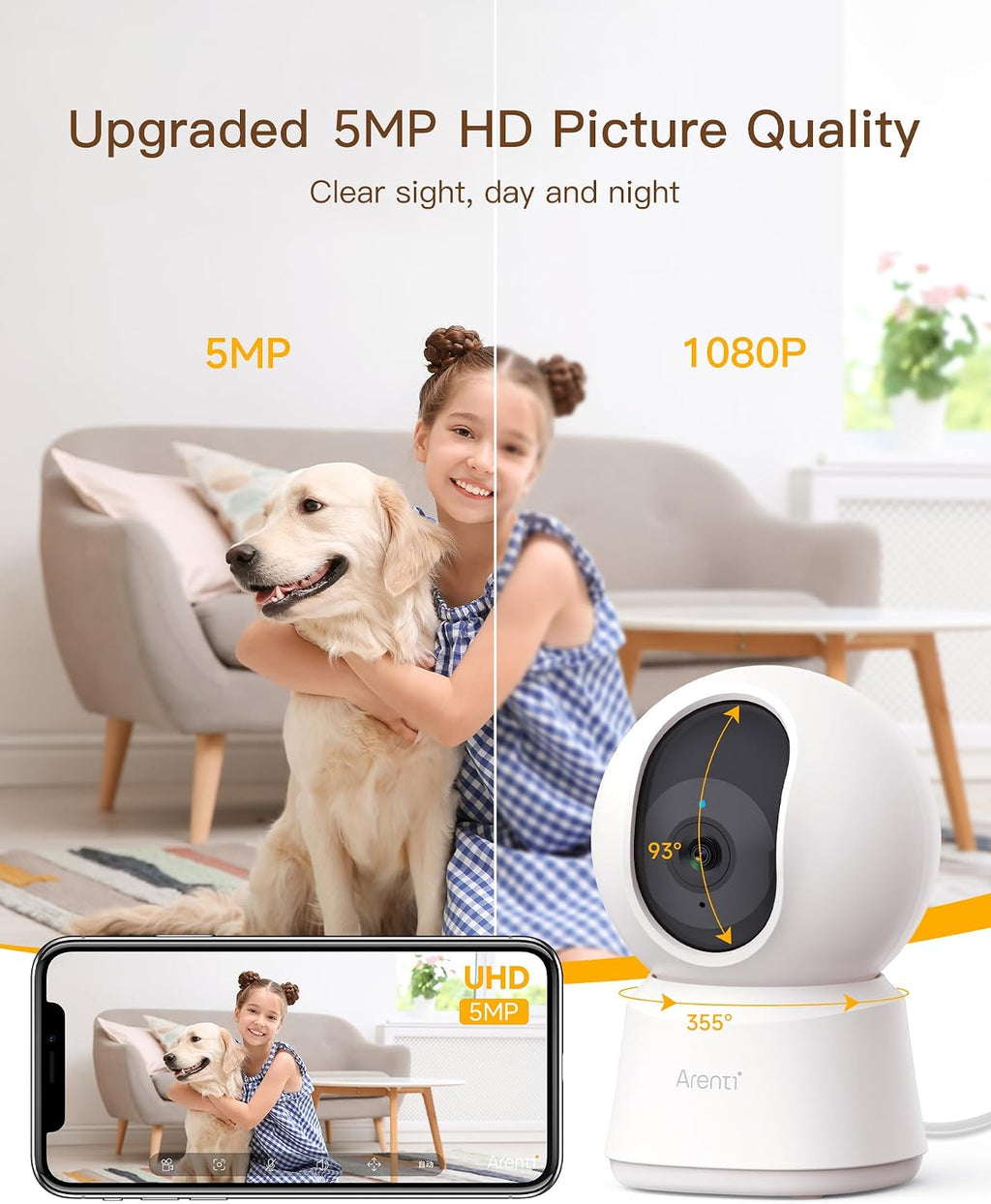 ARENTI - Cámara para mascotas de 5 MP P2Q, 5G WiFi 6 Cámara de seguridad interior, aplicación gratuita para teléfono
