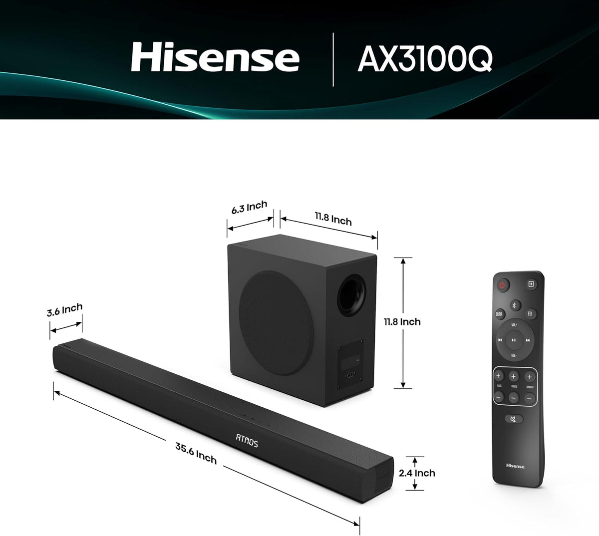 Hisense AX3100Q Barra de sonido de 3.1 canales con subwoofer inalámbrico, Dolby Atmos, DTS:X, canal central, control de aplicación y control remoto, Bluetooth 5.3, listo para Roku TV, 7 modos de ecualización