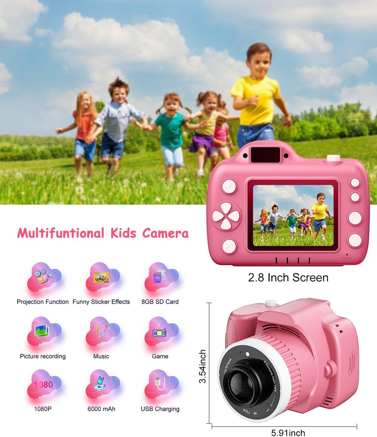 Juguetes de cámara para niños con proyector para niñas de 5 a 12 años (rosa