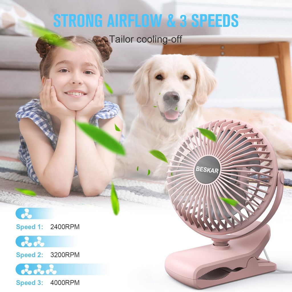 BESKAR Ventilador pequeño de clip, ventiladores USB de 3 velocidade...
