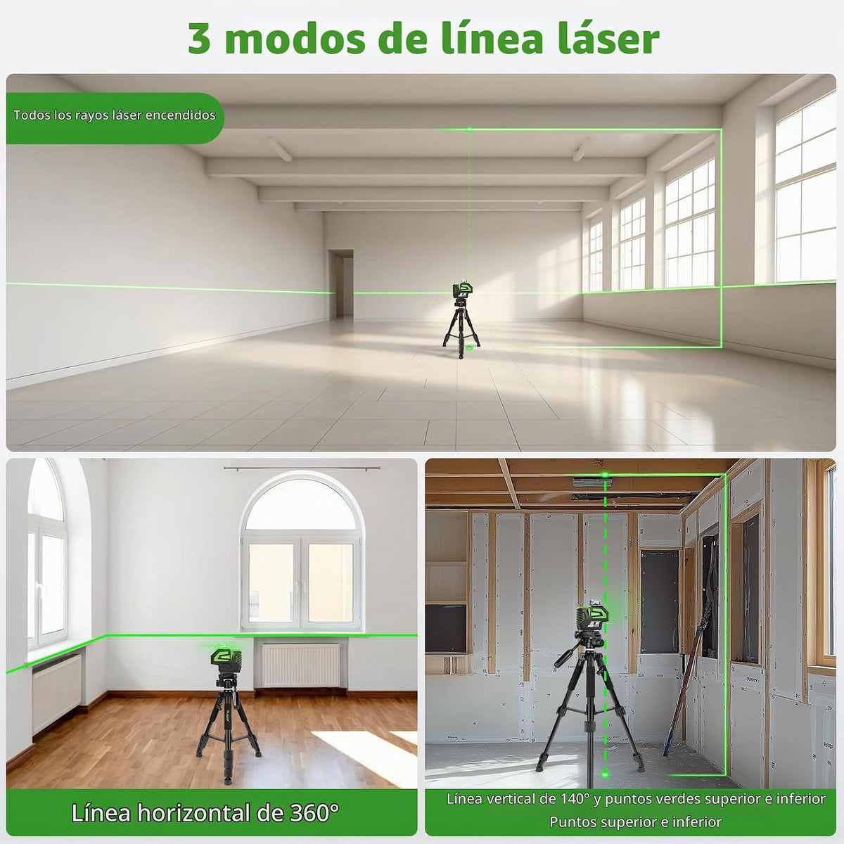 Huepar Láser de línea cruzada verde autonivelante de nivel láser con 2 puntos de plomada herramienta láser - Línea horizontal de 360° más láser de nivel vertical de 140° con puntos arriba y abajo - Soporte recargable y magnético 7211CG
