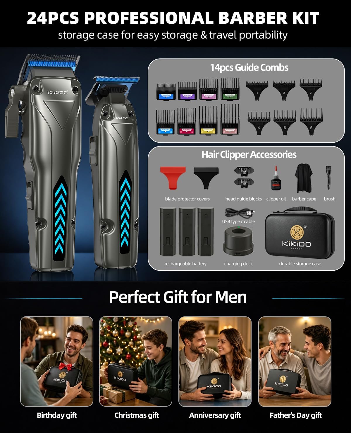 KIKIDO Cortadora de pelo inalámbrica para hombre, kit de cortapelos