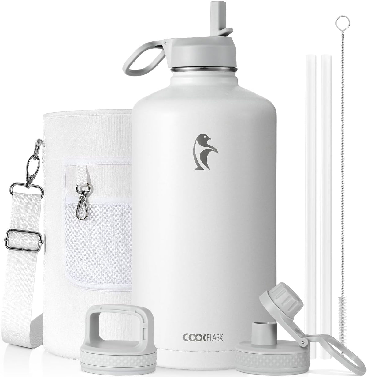 Coolflask Botella de agua de 128 onzas aislada con popote y 3 tapas a
