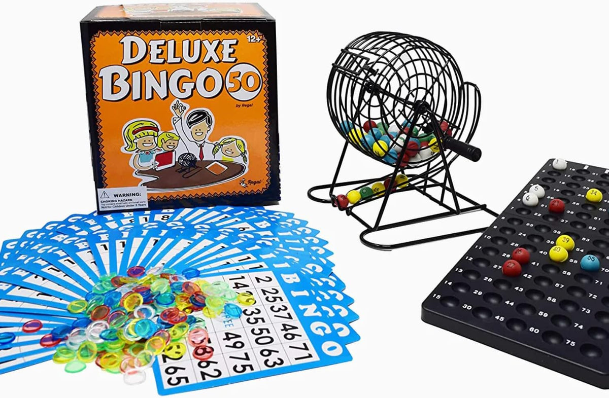 Juego de Bingo Deluxe Regal para Adultos y Niños - Incluye Jaula de Rueda de 8 Pulgadas, 75 Bolas, Tablero Principal, 50 Tarjetas y Fichas Coloridas - Divertida Noche de Juegos Familiares